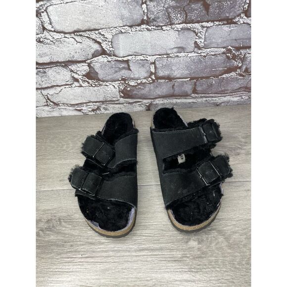 Birkenstock Arizona Black Suede Fur Cork Slides Sandals Women’s Sz 37EU/6.5M US - Picture 4 of 16